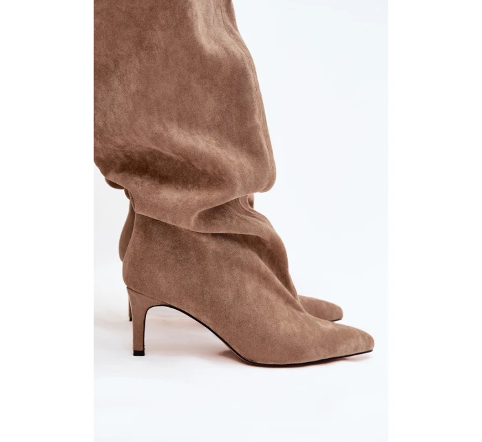 Kozaki Damskie Na Szpilce Wsuwane Beżowe Mavilla