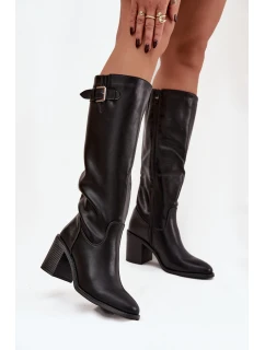 Dámské kozačky na podpatku s přezkou černé Brenira