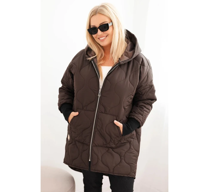 Dámská bunda Plus Size prošívaná s kapucí hnědá