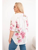 Dámske bavlnené Plus veľkosť V-neck blúzka s kvetinovým vzorom biela