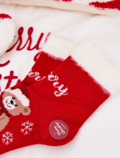 Detské vianočné ponožky s kožušinou, medvedíkom a alpakovou vlnou - červené
