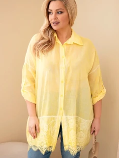 Dámske bavlnené tričko s čipkovým lemovaním v nadmernej veľkosti žlté