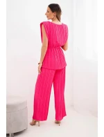 Dámska plisovaná súprava z viskózy s blúzkou na zaväzovanie a širokými nohavicami ružovej farby