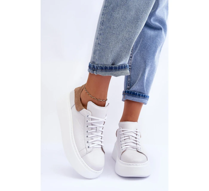 Damskie Buty Sportowe Skórzane na Platformie Białe Lemar 10150