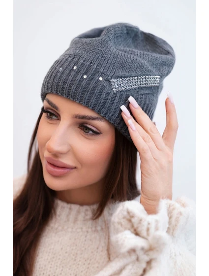 Dámska zimná vlnená čiapka s kryštálovým pásom K402 graphite