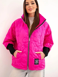 Dámska jarná prešívaná bunda s ozdobným vzorom a zipsom ružová neónová
