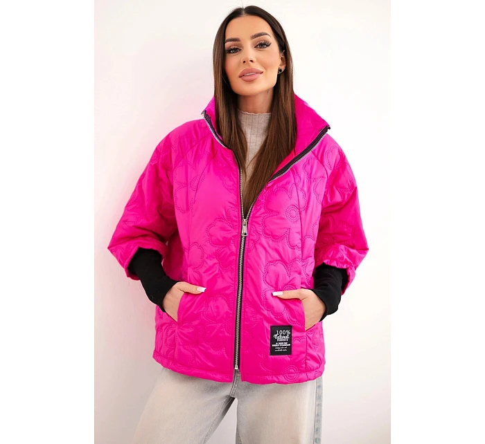Dámska jarná prešívaná bunda s ozdobným vzorom a zipsom ružová neónová