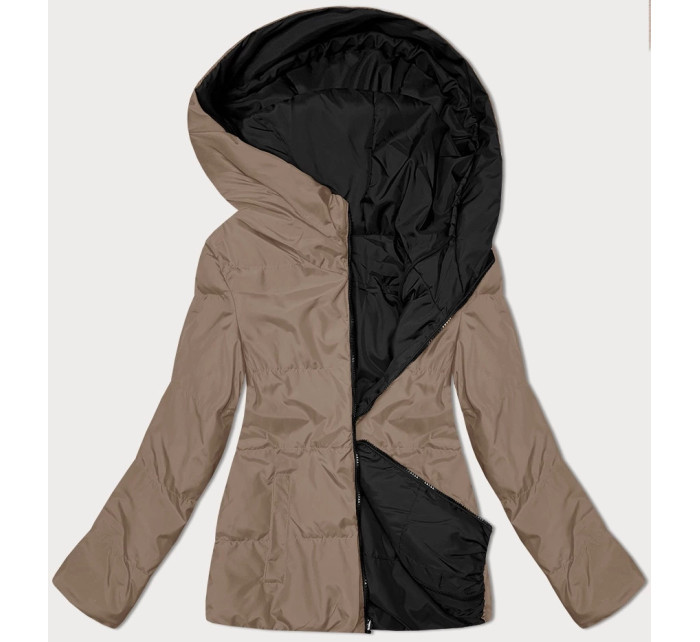 Čierno-béžová obojstranná dámska krátka bunda s kapucňou (16M2155-84)