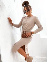 Béžové dámské midi šaty s páskem model 20302456 - Moon Béžové dámské midi šaty s páskem model 20302456 - Moon