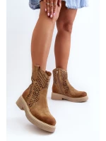 Zazoo 3470 Zamszowe Botki Damskie Na Płaskim Obcasie Ażurowe Beżowe