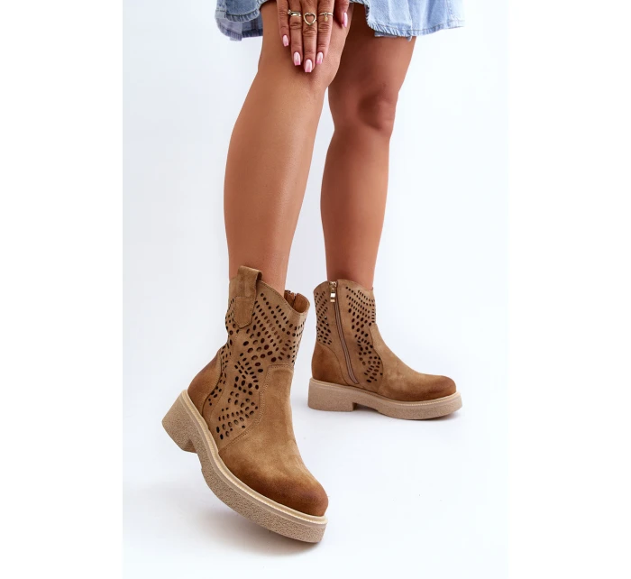 Zazoo 3470 Zamszowe Botki Damskie Na Płaskim Obcasie Ażurowe Beżowe