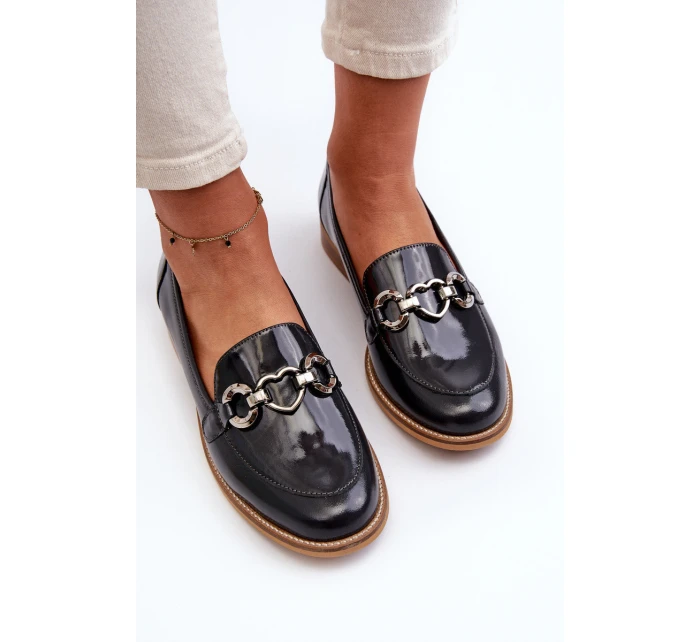 Skórzane Damskie Lakierowane Mokasyny Laura Messi 2760 Granatowe