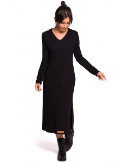 B128 Maxi šaty s kapucňou - čierne