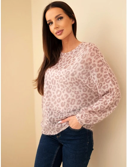 Dámský svetr z model 22366796 kid mohairu s leopardím vzorem s dlouhým rukávem fango zelená - K-Fashion Dámský svetr z model 22366796 kid mohairu s leopardím vzorem s dlouhým rukávem fango zelená - K-Fashion