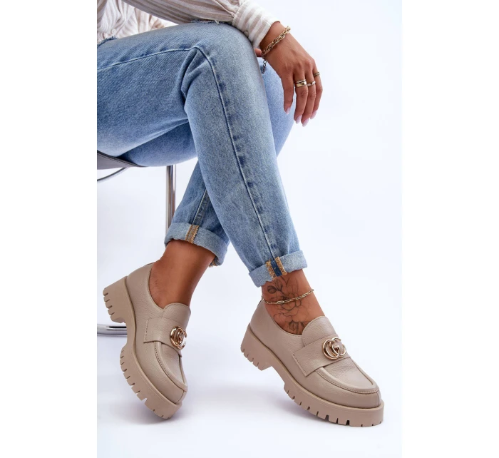 Damskie Półbuty Skórzane Z Ozdobą Beżowe Rosefalls