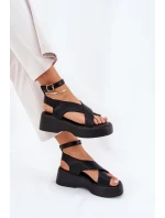 Sandały Damskie Na Platformie I Koturnie Eko Skórzane Czarne Tenzorus Sandały Damskie Na Platformie I Koturnie Eko Skórzane Czarne Tenzorus