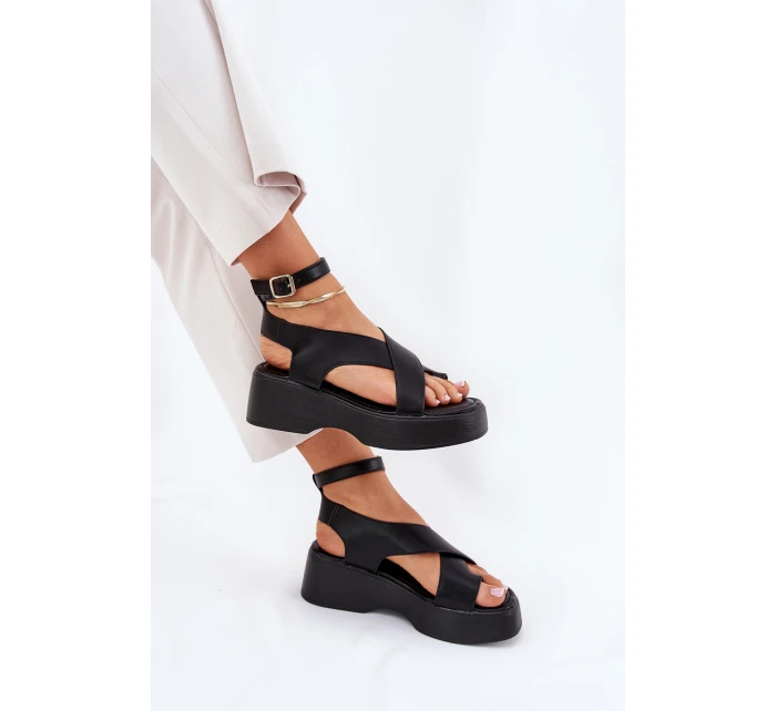 Sandały Damskie Na Platformie I Koturnie Eko Skórzane Czarne Tenzorus Sandały Damskie Na Platformie I Koturnie Eko Skórzane Czarne Tenzorus