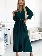 462-2 SERENA Plisované maxi šaty s výstrihom, opaskom a 3/4 rukávmi - BOTTLE GREEN