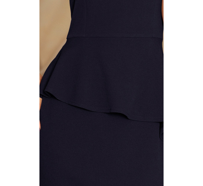 Elegantné tmavo modré dámske midi šaty s volánikmi model 6211541