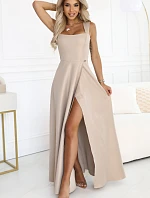 633-1 AURELIA dlhé šaty s rozparkom a výstrihom - béžové s brokátom