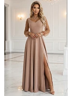 640-4 LORETTA jedinečné dlhé šaty s tylovými rukávmi a výstrihom - béžové 640-4 LORETTA jedinečné dlhé šaty s tylovými rukávmi a výstrihom - béžové