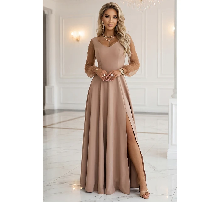 640-4 LORETTA jedinečné dlhé šaty s tylovými rukávmi a výstrihom - béžové 640-4 LORETTA jedinečné dlhé šaty s tylovými rukávmi a výstrihom - béžové
