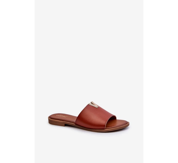 Klapki Damskie Eko Skórzane Na Płaskim Obcasie Brązowe Maliha