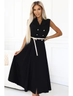 model 21212554 Elegantní midi košilka se zlatými knoflíky a páskem ČERNÁ - numoco basic model 21212554 Elegantní midi košilka se zlatými knoflíky a páskem ČERNÁ - numoco basic