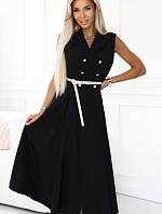596-3 Elegantná midi košeľa so zlatými gombíkmi a opaskom - ČIERNA