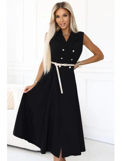 model 21212554 Elegantní midi košilka se zlatými knoflíky a páskem ČERNÁ - numoco basic