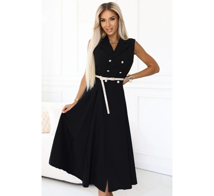 model 21212554 Elegantní midi košilka se zlatými knoflíky a páskem ČERNÁ - numoco basic model 21212554 Elegantní midi košilka se zlatými knoflíky a páskem ČERNÁ - numoco basic