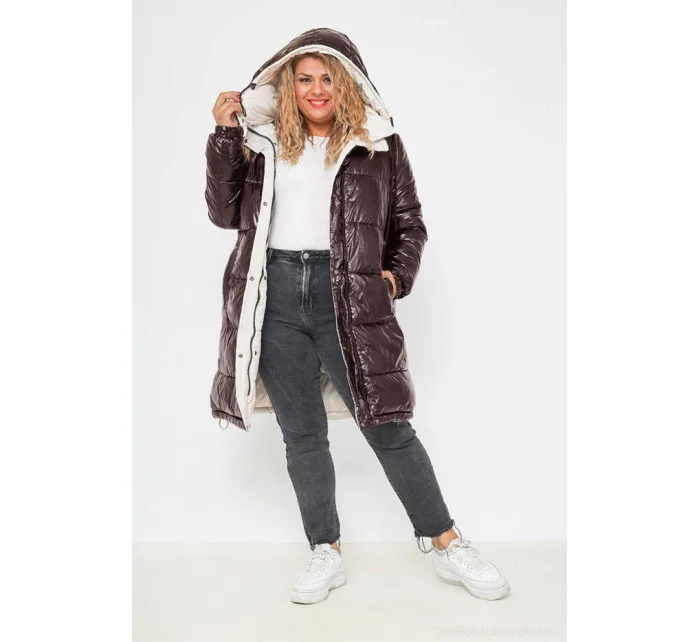 Hnedo-ružová hrubá obojstranná dámska zimná bunda (V768g)