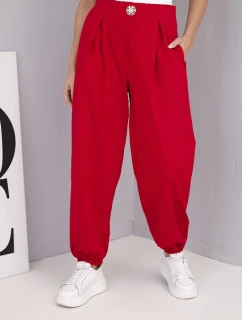 Dámske bavlnené nohavice s vysokým pásom a ozdobným gombíkom červené