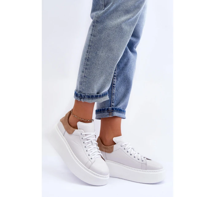 Damskie Buty Sportowe Skórzane na Platformie Białe Lemar 10150