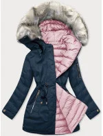 Tmavomodrá a ružová obojstranná dámska zimná bunda s kapucňou (w631) Tmavomodrá a ružová obojstranná dámska zimná bunda s kapucňou (w631)