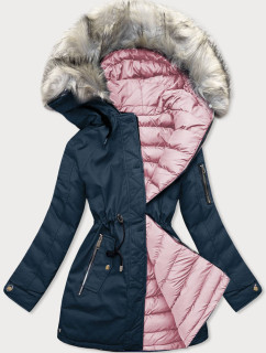 Tmavo modro-ružová obojstranná dámska zimná bunda s kapucňou (W631)