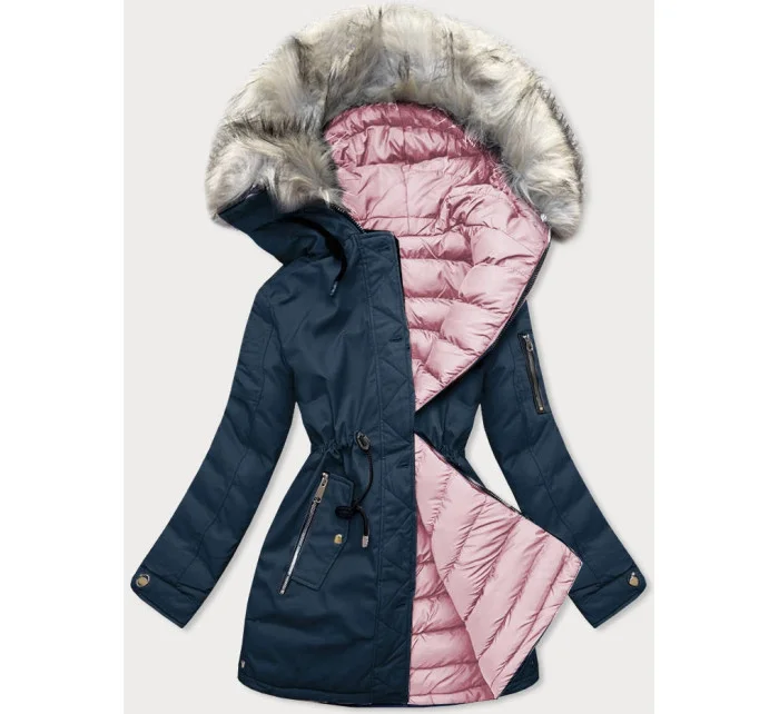 Tmavomodrá a ružová obojstranná dámska zimná bunda s kapucňou (w631) Tmavomodrá a ružová obojstranná dámska zimná bunda s kapucňou (w631)