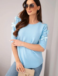 Dámský svetr s krátkým rukávem a ozdobnými mašličkami modrý