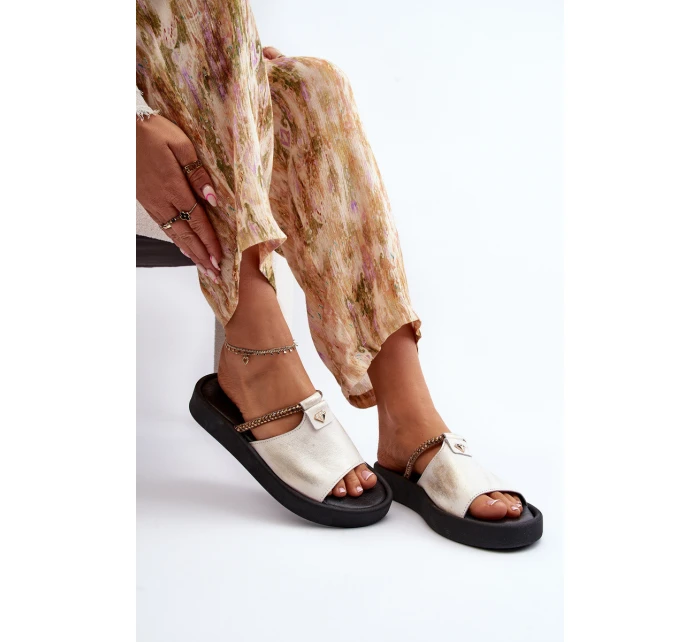 Zazoo 2896 Klapki Damskie Skórzane Biało-Złote