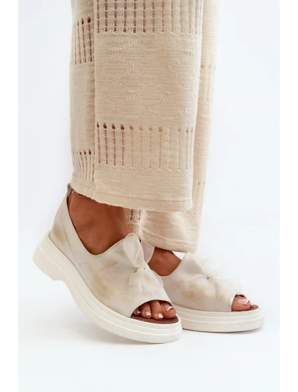 Zazoo 2939 Skórzane Sandały Damskie Z Kokardką Złoty Przecierany