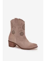 Zamszowe Skórzane Botki Damskie Ażurowe Na Obcasie Zazoo 3844 Cappuccino