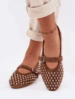 Dámské baleríny s vzorem s kamínky a páskem Hnědé model 21951565 - Boto