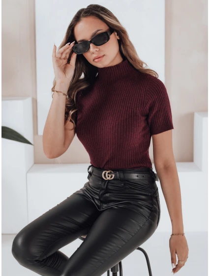 Dámský žebrovaný svetr s krátkým rukávem vínová Dstreet model 21991060 - FashionStreet