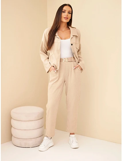 Dámská souprava z viskózy model 22366854 s mikinou a kalhotami s páskem béžová - K-Fashion