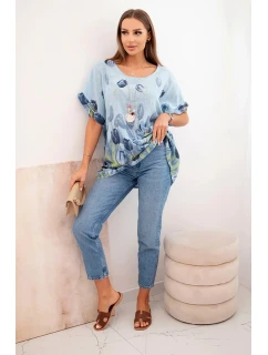 Dámske bavlnené tričko s kvetinovým vzorom modré