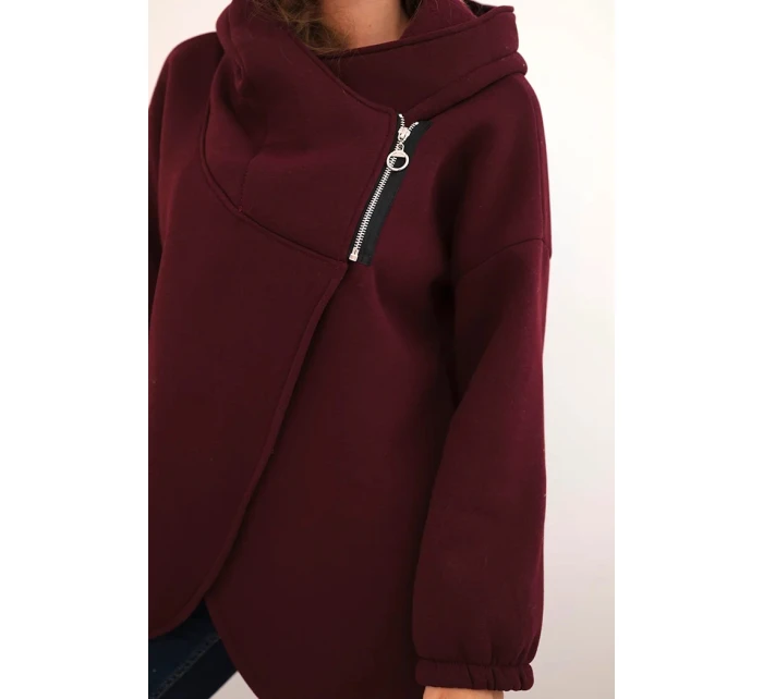 Dámska zateplená mikina s kapucňou a asymetrickým zipsom bordová