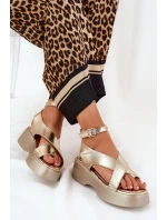 Sandały Damskie Na Platformie I Koturnie Eko Skórzane Złote Tenzorus Sandały Damskie Na Platformie I Koturnie Eko Skórzane Złote Tenzorus