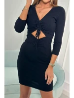 Žebrované šaty s vázaným výstřihem černé Žebrované šaty s vázaným výstřihem černé