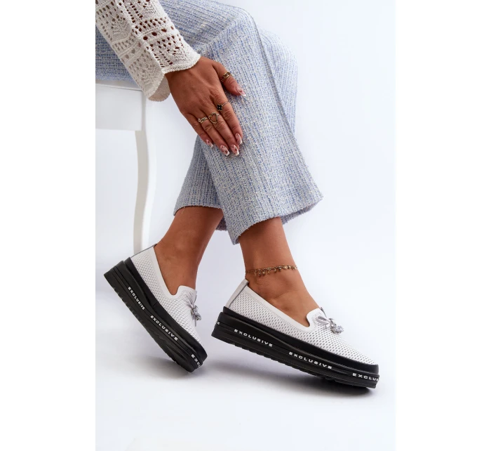 Mokasyny Damskie Skórzane Na Platformie S.Barski LR400 Białe