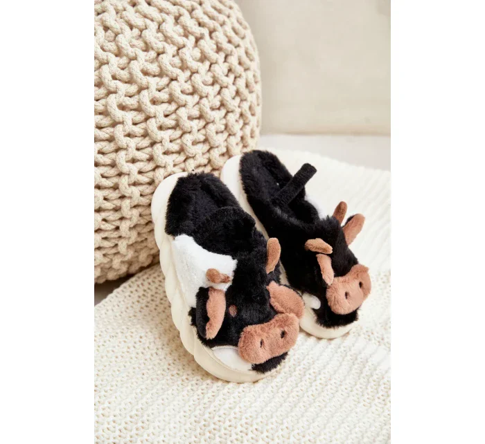 Detské chlpaté papuče s motívom kravy Black Tamorrin